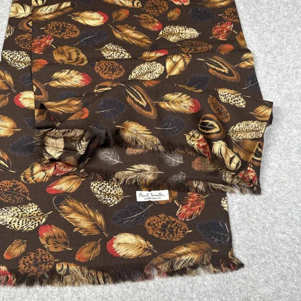 Paul Smith Wool Tube Scarf Brown Feather Print Made England Designer 14x52in
